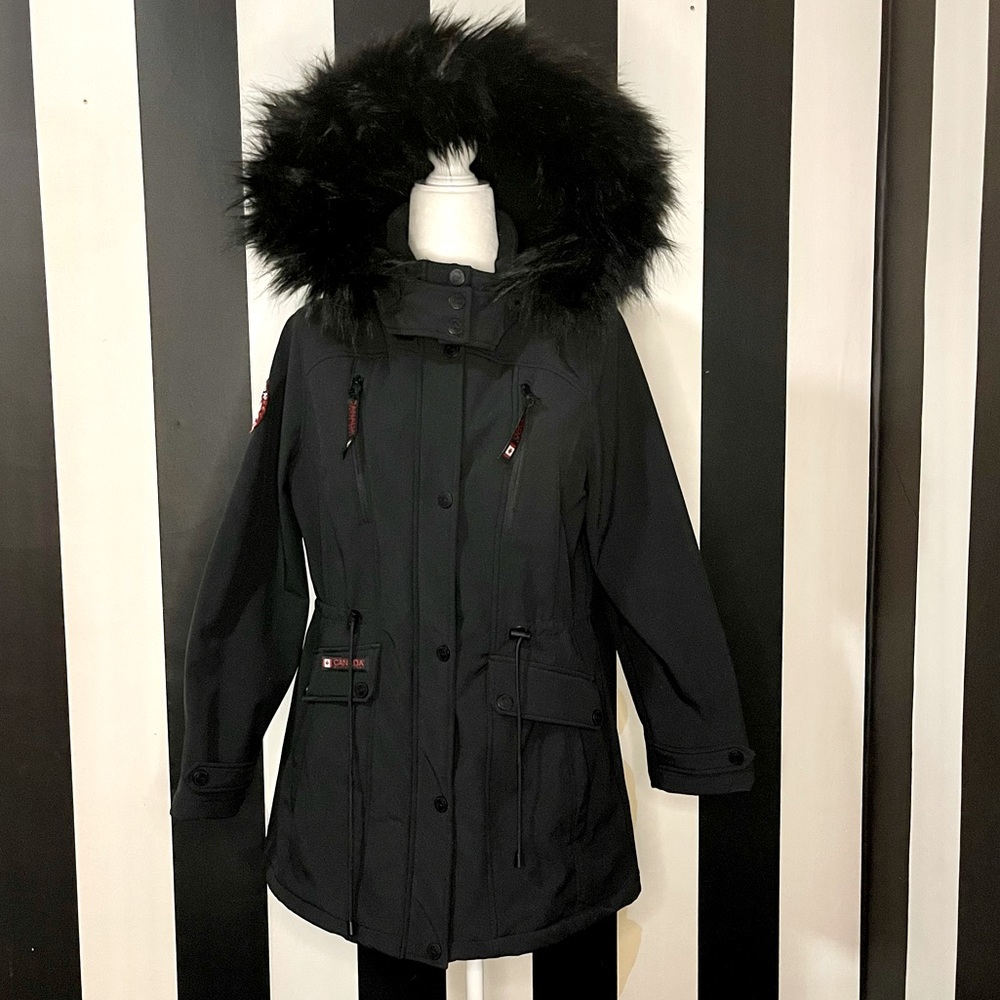 CANADA WEATHER GEAR Black Faux Fur Cinch-Waist Hooded Anorak - Large